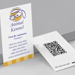 Animal kennel free business card front standing beside its QR code back