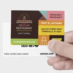 Hand holding a free business card for a Mexican restaurant, with the QR code back behind it